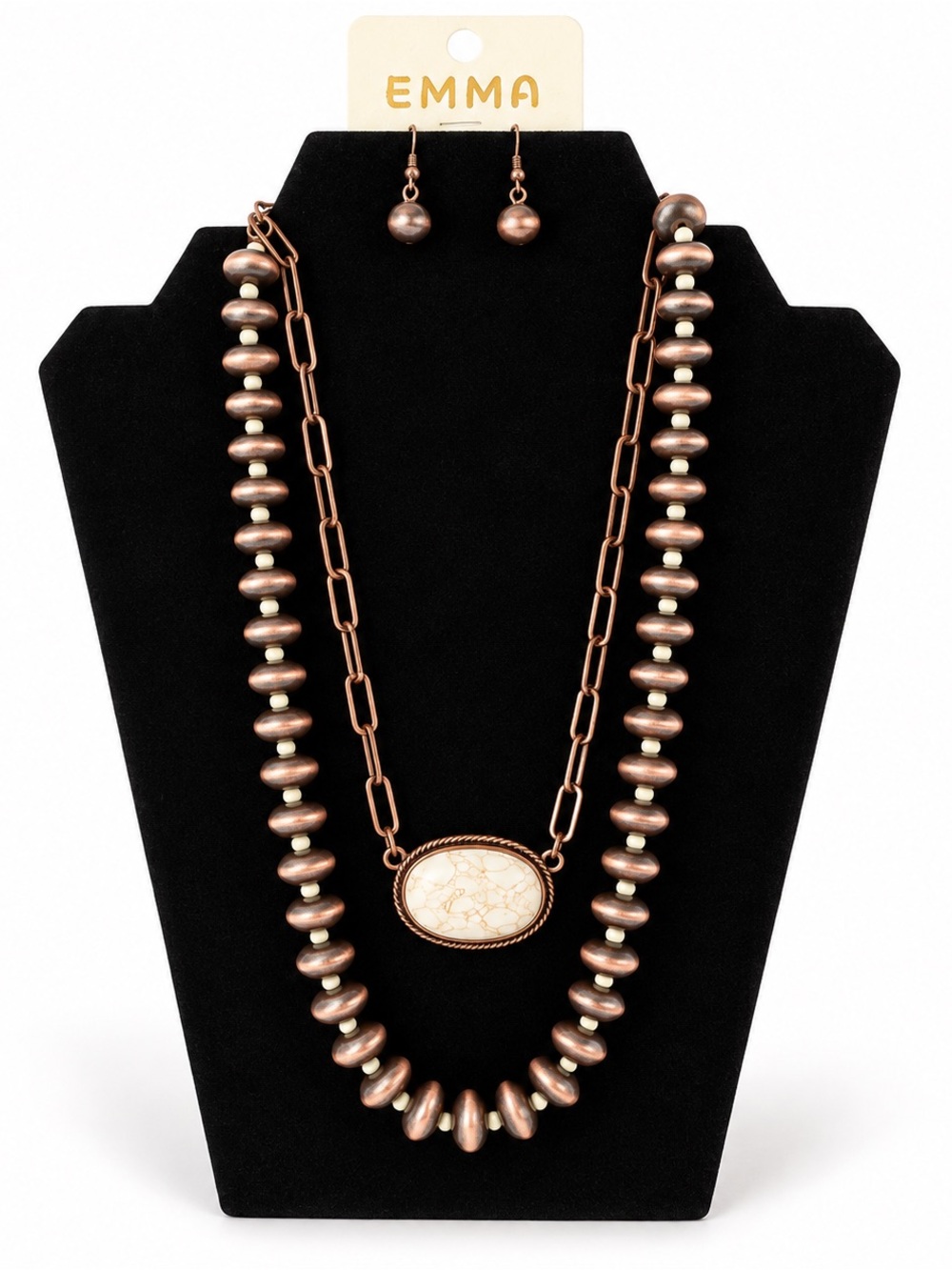 Copper Gold-Tone Beaded Layered Necklace with Cream Stone Pendant